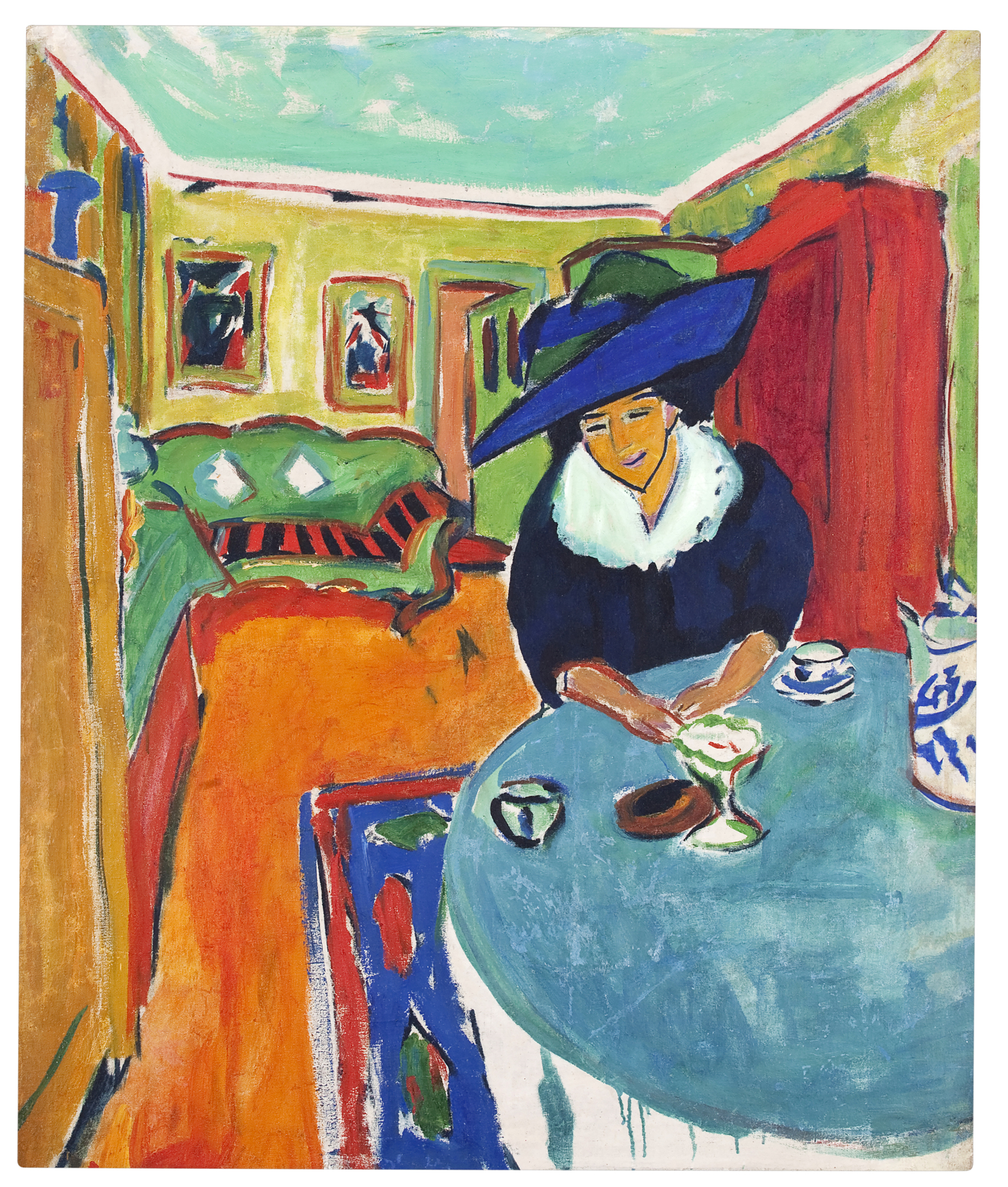 Gemälde einer Dame mit großem Hut, die an einem gedeckten Kaffeetisch sitzt.