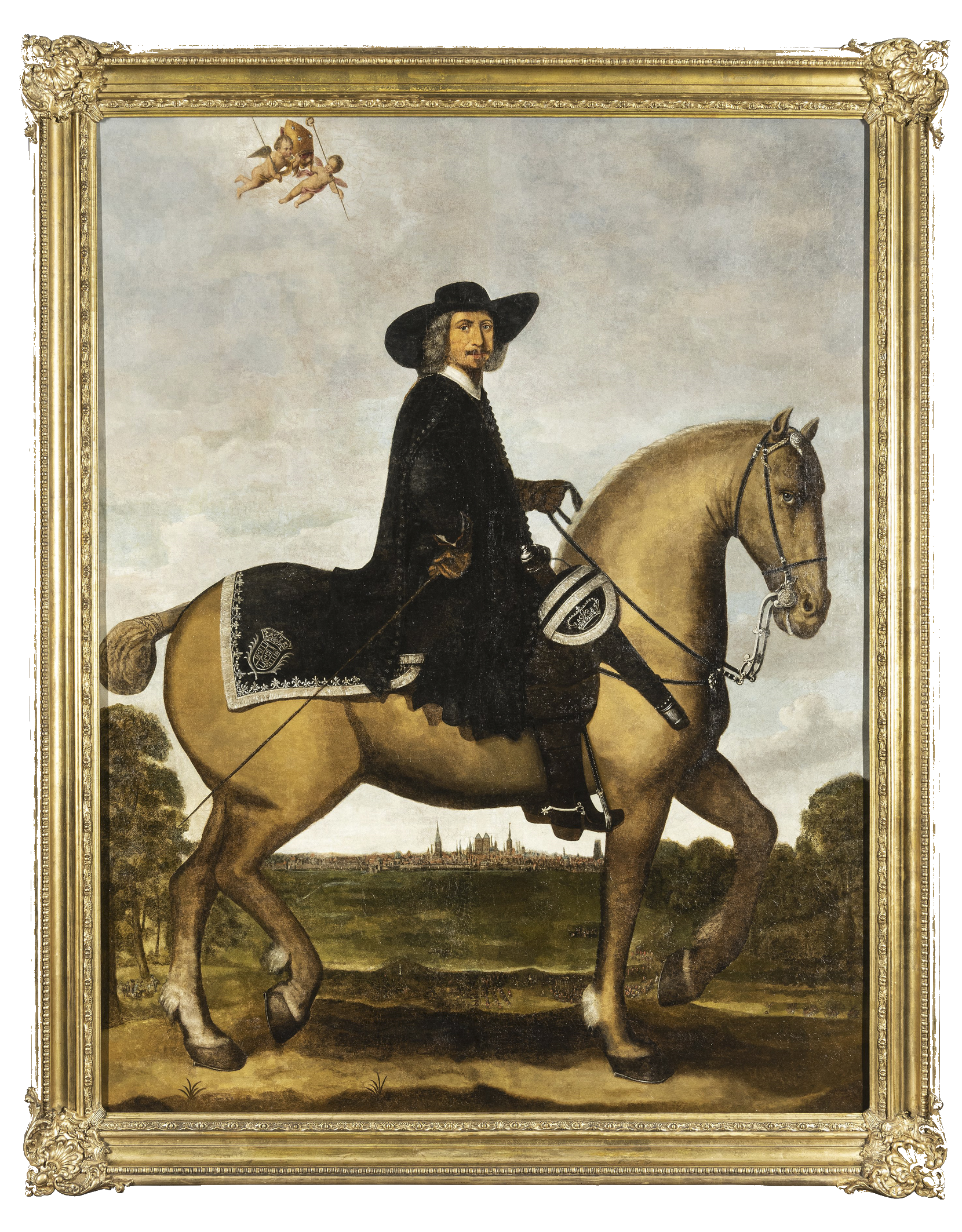 Fürstbischof von Galen zu Pferd, im Hintergrund das Münsteraner Stadtpanorama (Stadtmuseum Münster, Foto: Stadtmuseum Münster)