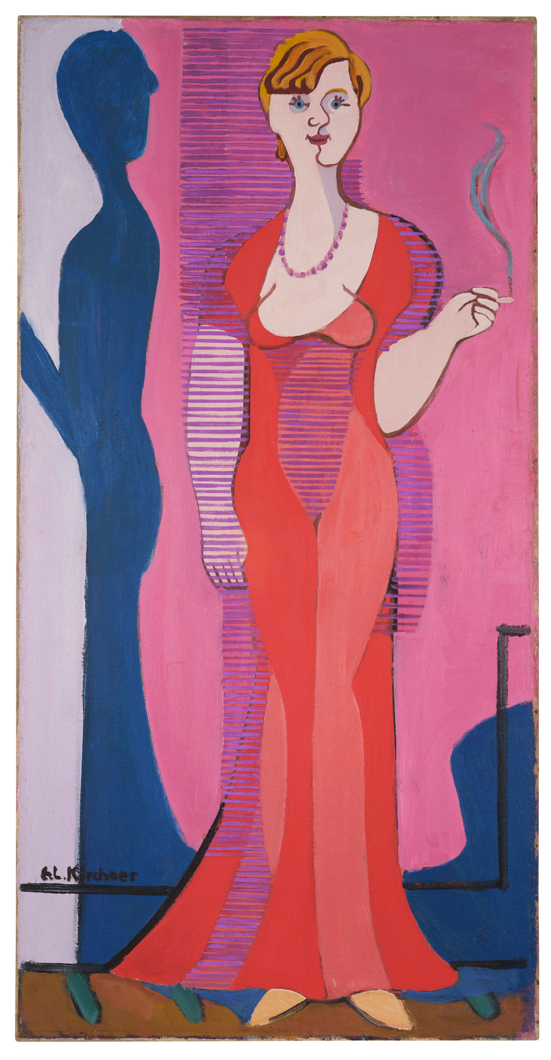 Gemälde einer blonden Frau im roten langen Kleid