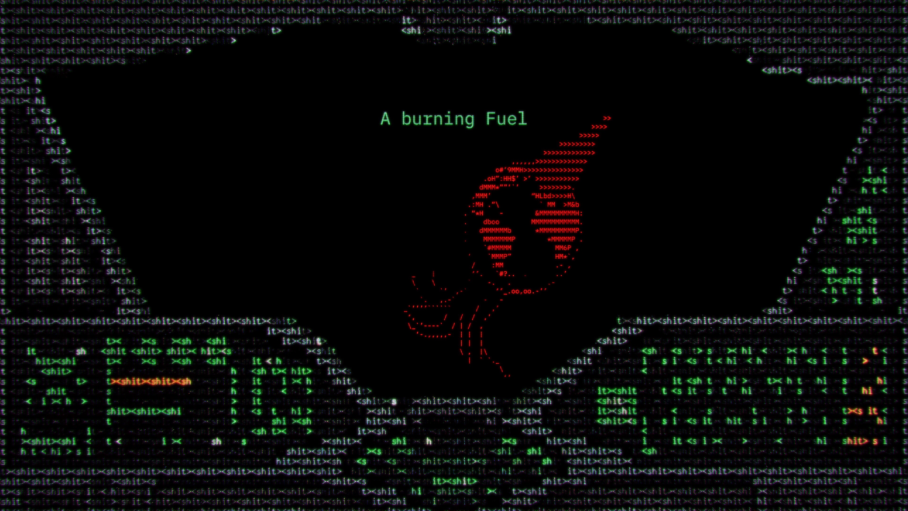 Das Bild zeigt einen schwarzen Bildschirm mit Codes in verschiedenen Farben, die ein größeres Bild ergeben. "A burning Fuel" steht in der Mitte.