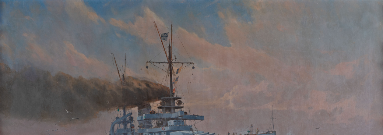 The picture shows a ship on the open sea.