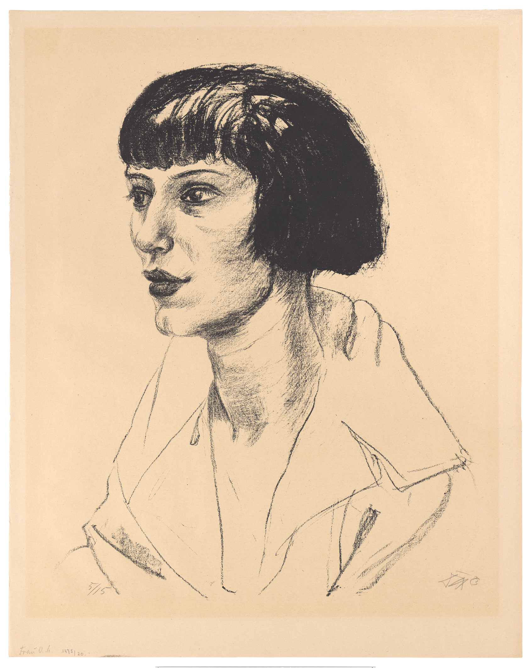 Das Bild zeigt eine Skizze, gemalt von Otto Dix, Maschka von den Schultern aufwärts, sie hat einen Bubikopfhaarschnitt und blickt zur Seite.