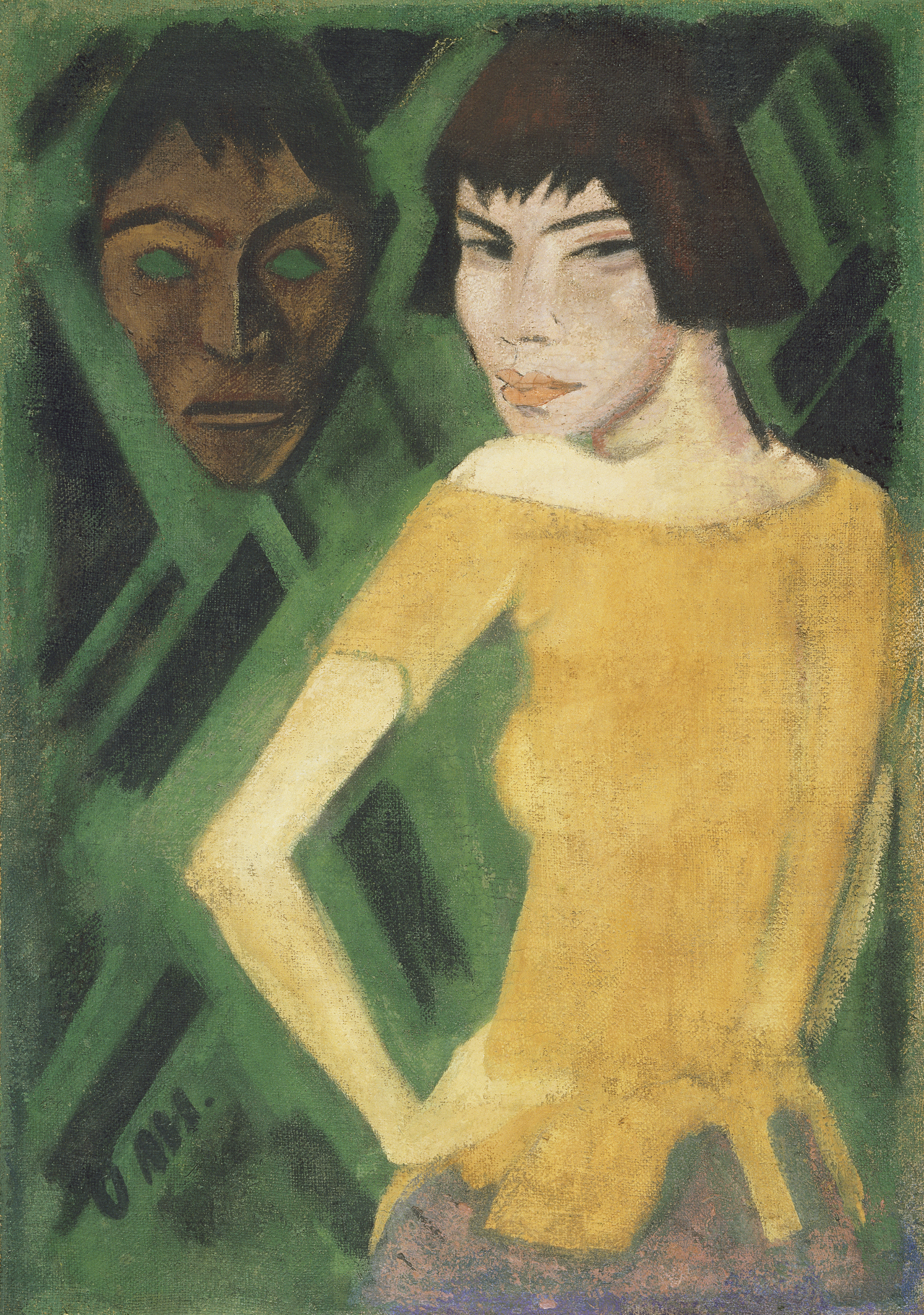 Bild zeigt eine Malerei Maschka von hinten, Kopf nach vorne geneigt, vor dunkelgrünen Hintergrund mit abstrakten Mustern und Maske.