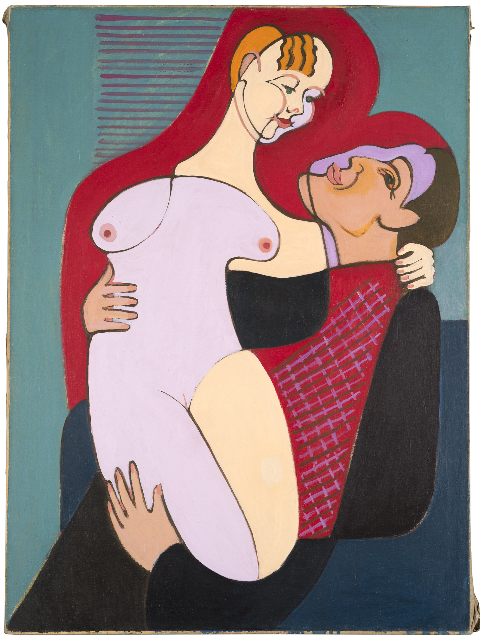 Gemälde eines Paares: Ein Mann hat eine unbekleidete Frau auf dem Schoß. Beide schauen sich ins Gesicht, während sie sich umarmen.