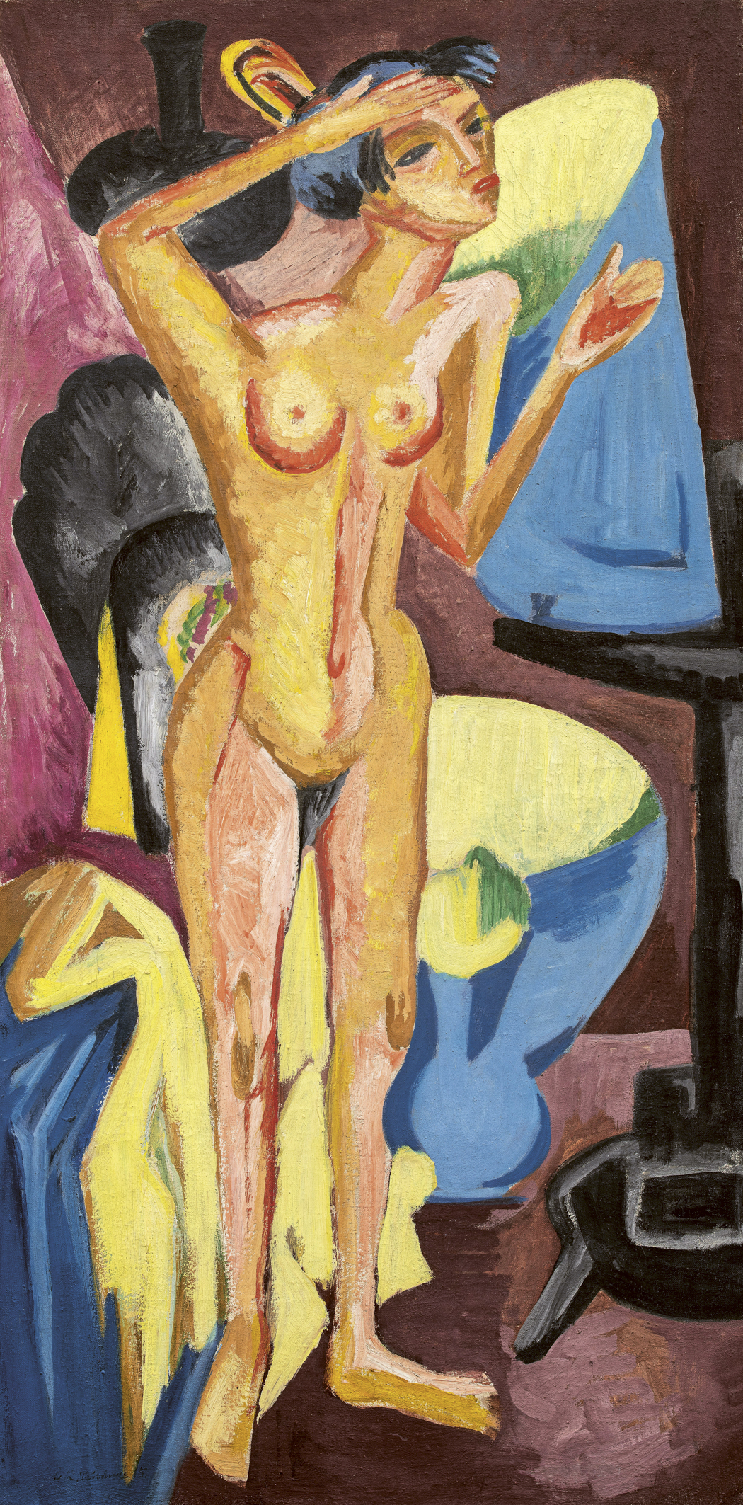 Gemälde einer nackten Frau, die frontal zum Betrachtenden steht und die Arme erhoben hat.