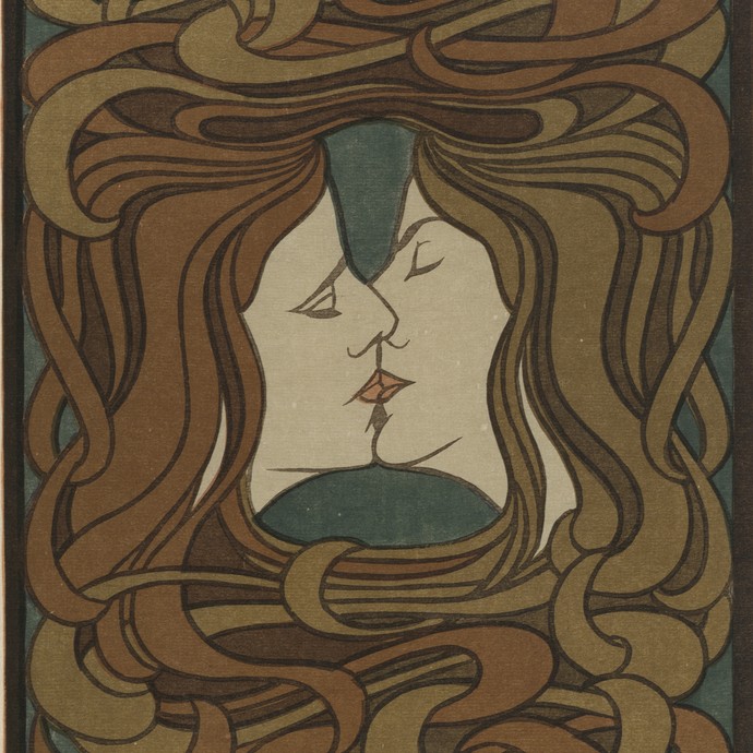 Peter Behrens, Der Kuss, 1899, Farbholzschnitt auf Japanpapier. © Museumslandschaft Hessen Kassel, Kassel (vergrößerte Bildansicht wird geöffnet)