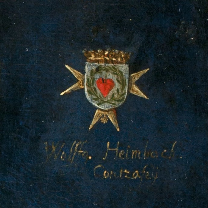 Wappen der Familie Heimbach mit der Signatur des Künstlers darunter: Wolfgang Eimbach Conterfey. (öffnet vergrößerte Bildansicht)