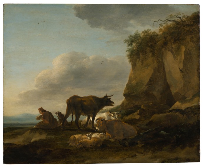 Gemälde einer Landschaft mit zwei Kühen und einem Hirten