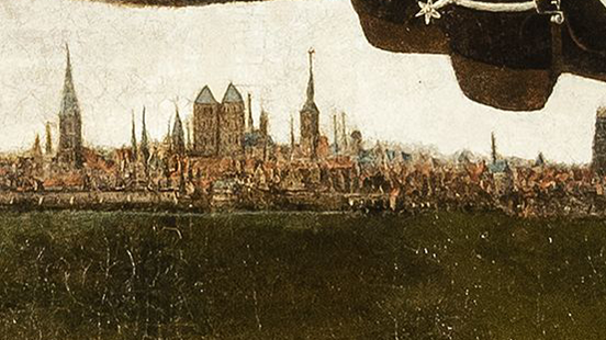Am Horizont sieht man die Umrisse der Stadt Münster mit den Kirchtürmen der Lambertikirche und des Doms.