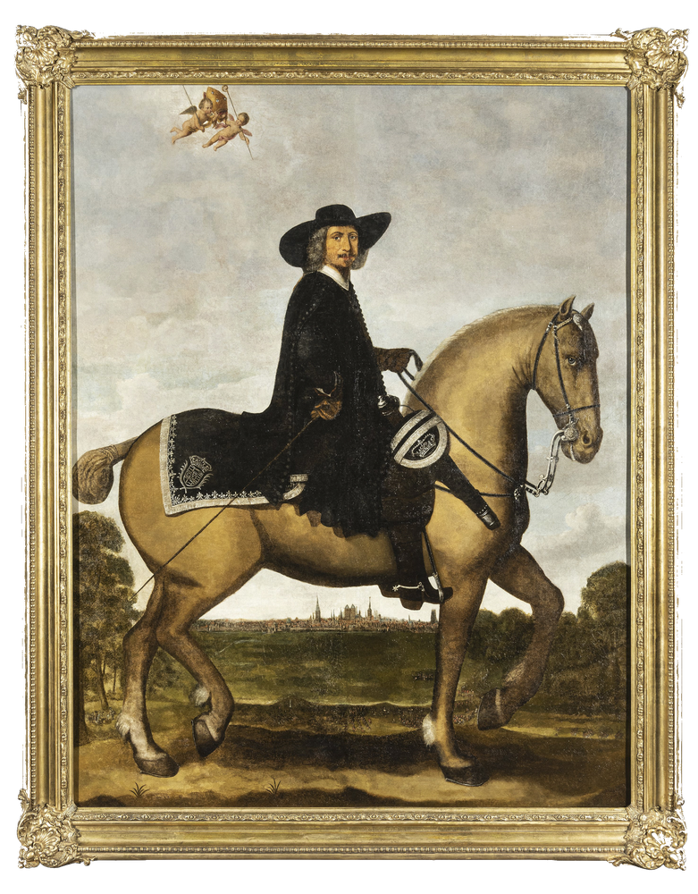 Fürstbischof von Galen zu Pferd, im Hintergrund das Münsteraner Stadtpanorama (Stadtmuseum Münster, Foto: Stadtmuseum Münster)