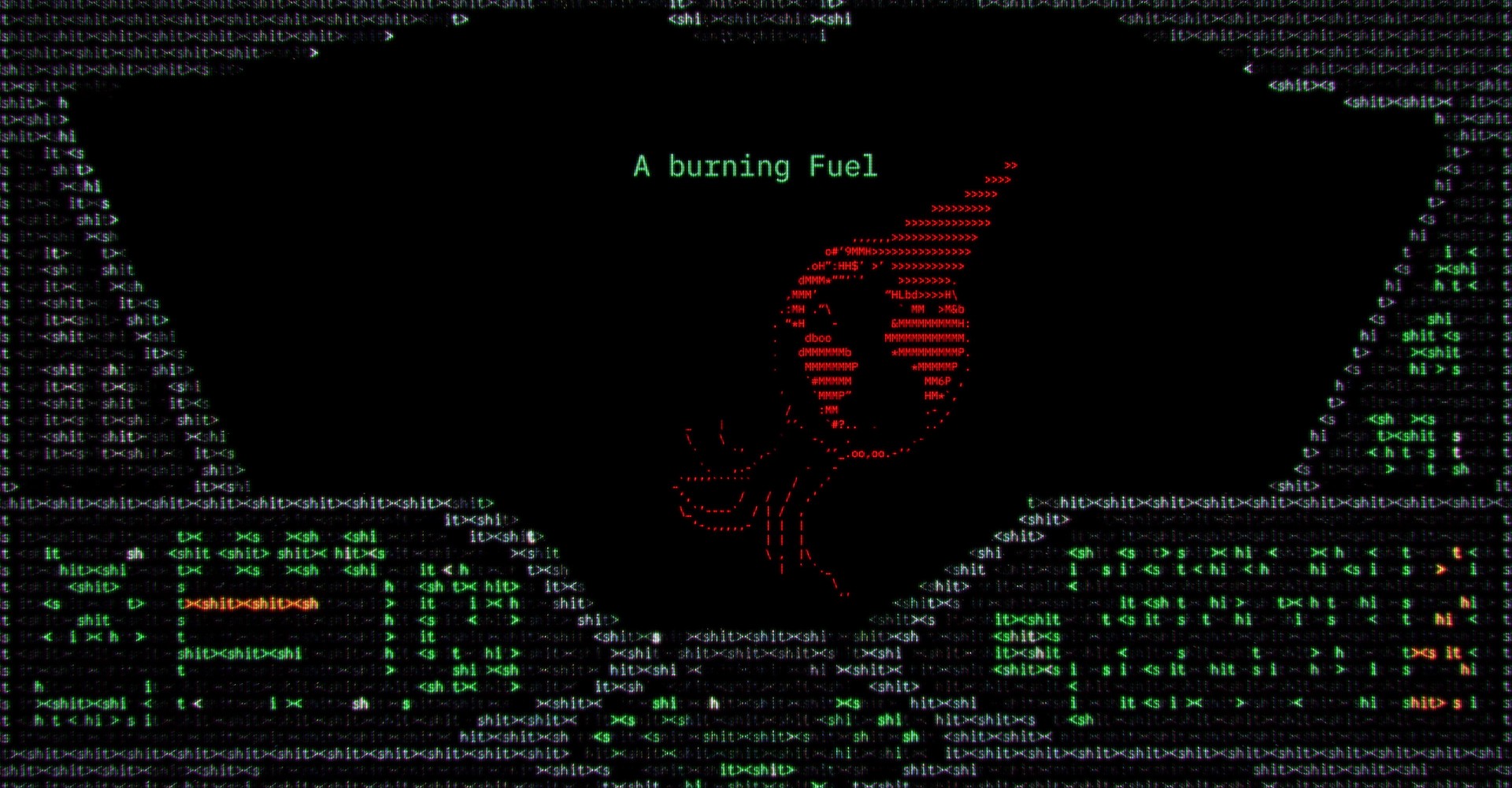 Das Bild zeigt einen schwarzen Bildschirm mit Codes in verschiedenen Farben, die ein größeres Bild ergeben. "A burning Fuel" steht in der Mitte.