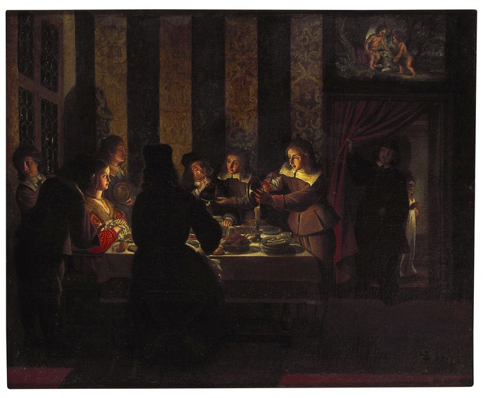 Tischgesellschaft bei Nacht, Kerzen erleuchten die Szene (Abendliches Mahl, 1647, Kunsthalle zu Kiel, Foto: Martin Frommhagen)