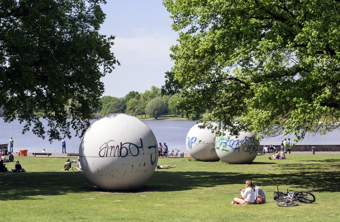 Giant Pool Balls by artist Oldenburg at the Aasee.