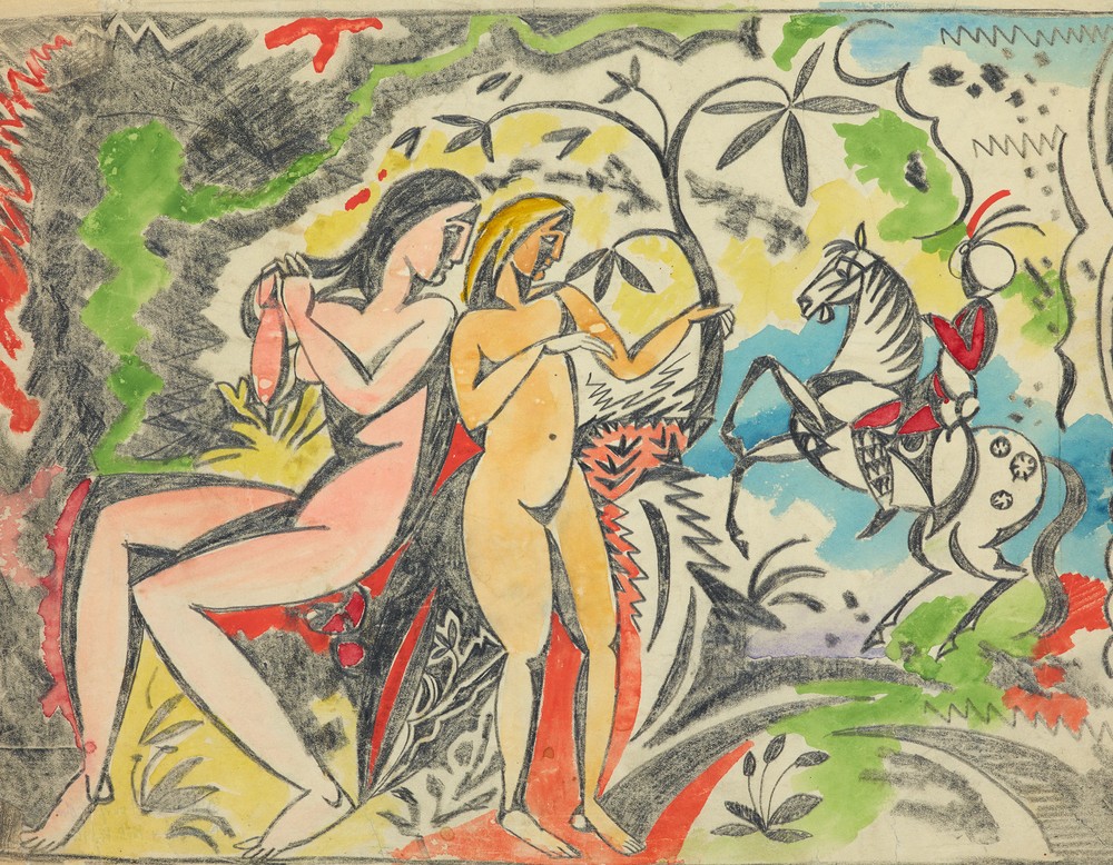 August Macke, Badende und türkische Reiter, Stickereientwurf, 1912, Leihgabe aus Privatbesitz, Foto: LWL/Ahlbrand-Dornseif