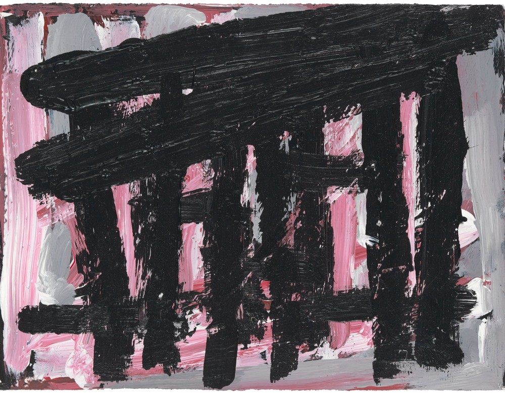 Zeichnung von Phyllida Barlow. Schwarze Struktur auf rosa pinkem Grund. Foto: LWL/Neander