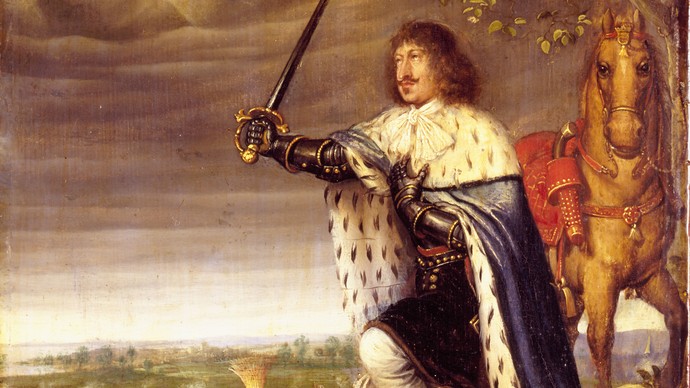 König Frederik III. von Dänemark kniend vor der Schlacht von Nyborg, 1659, (Foto: Die Chronologische Sammlung der Dänischen Könige, Schloss Rosenborg)