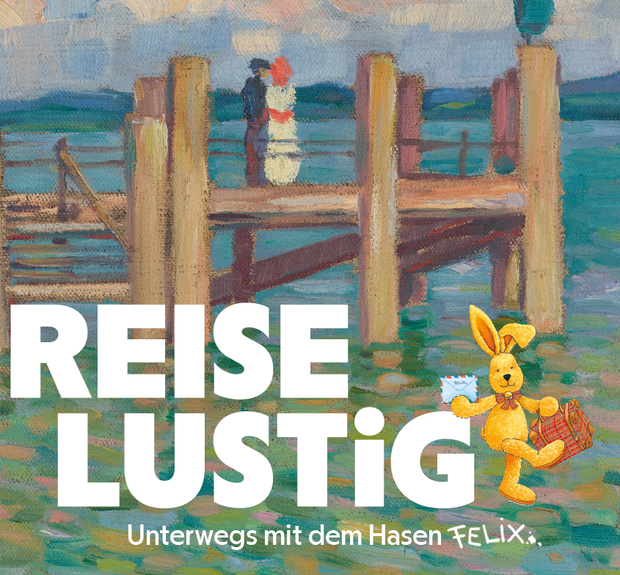 Ein Gemälde von einem Steg an einem See mit dem Schriftzug "Reiselustig" mit einer Darstellung von Felix dem Hasen.