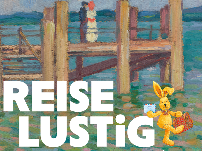 Ein Gemälde von einem Steg an einem See mit dem Schriftzug "Reiselustig" mit einer Darstellung von Felix dem Hasen.