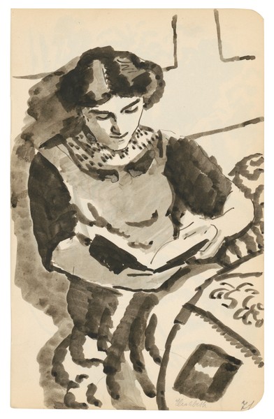 August Macke, Elisabeth lesend, 1912, Bleistift und Tusche auf Papier, Skizzenbuch Nr. 46, S. 71, LWL-Museum für Kunst und Kultur, Münster