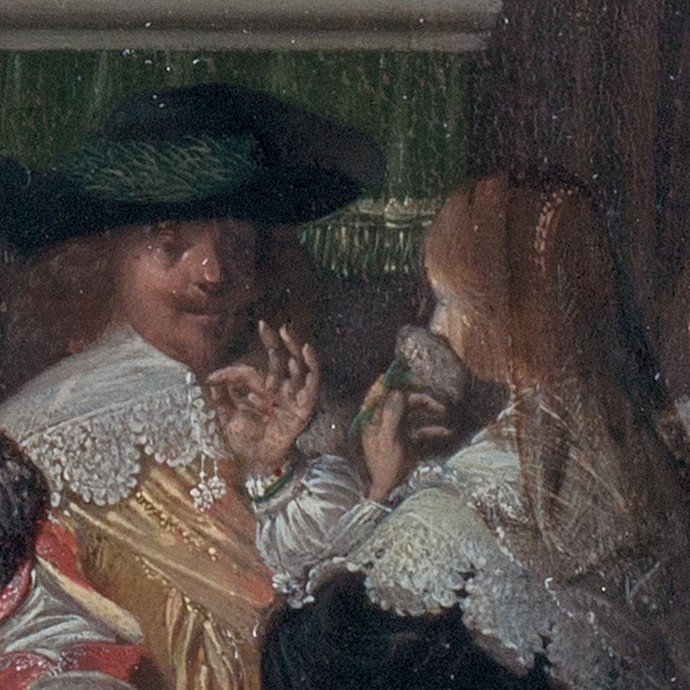 Das Gemäldedetail zeigt den Grafen Anton Günther von Oldenburg mit Hut und Bart, im Gespräch mit einer Dame. (vergrößerte Bildansicht wird geöffnet)