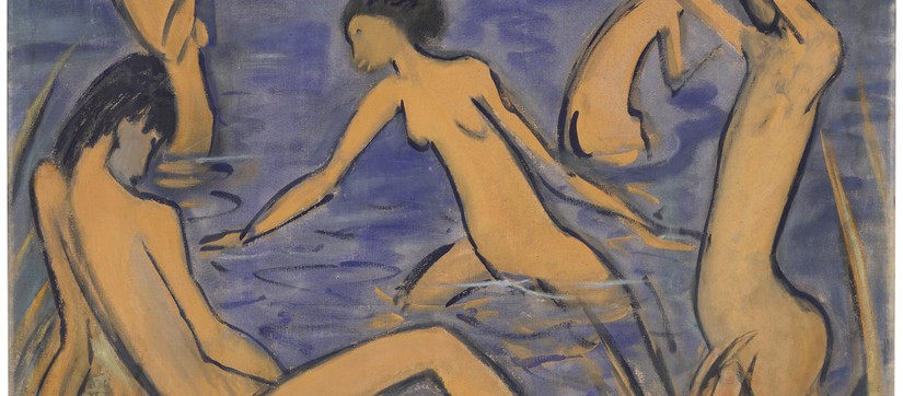 Eine Gruppe von unbekleideten Personen badet in einem See