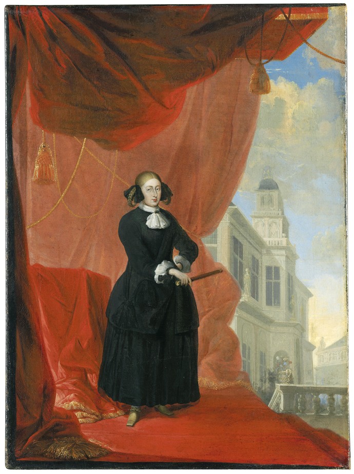 Christina von Schweden, vor einem roten Vorhang (Musemslandschaft Hessen Kassel, Gemäldegalerie Alte Meister, Foto: Ute Brunzel)