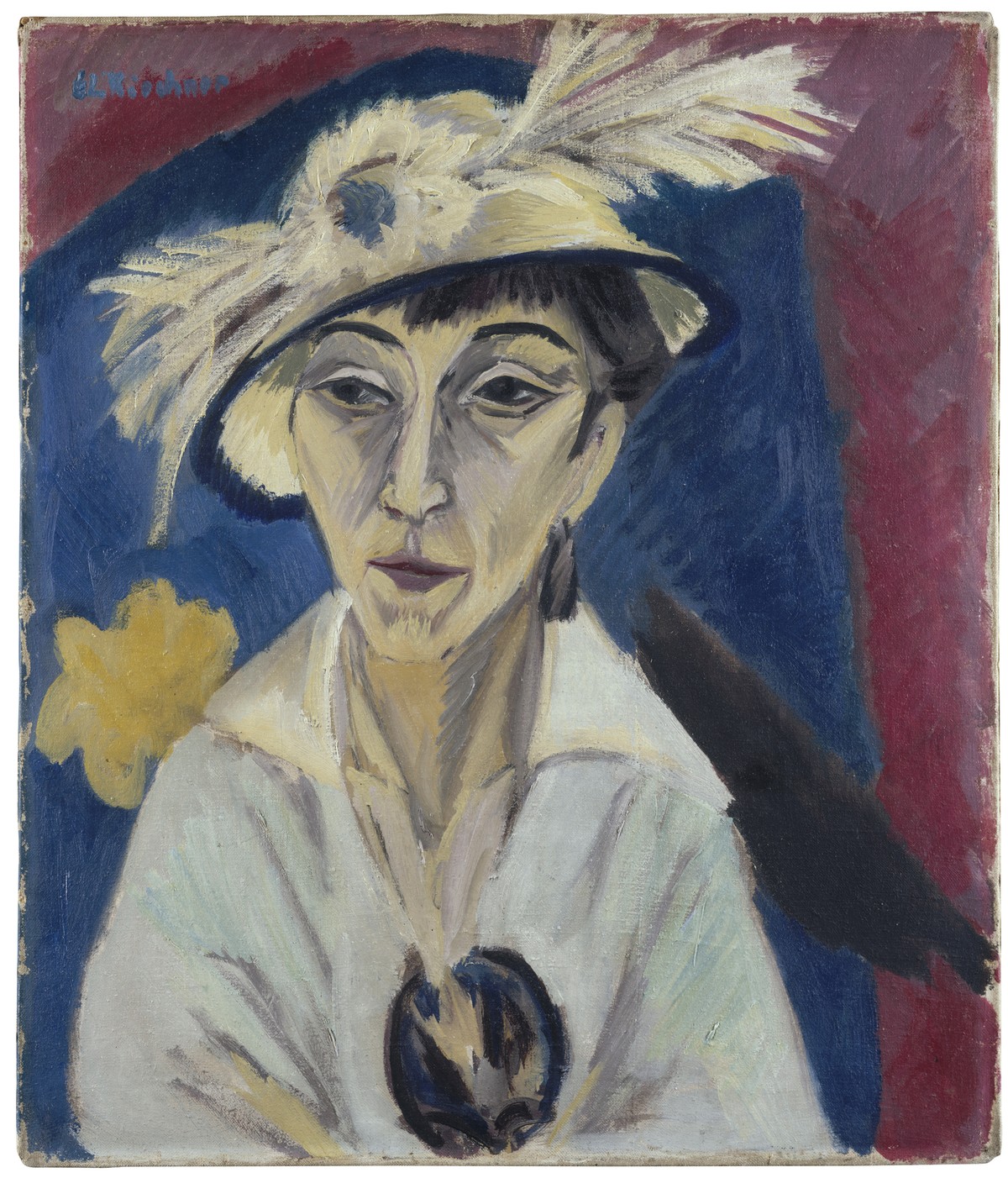 Gemälde von Erna Schilling in weißer Bluse und weißem Hut.