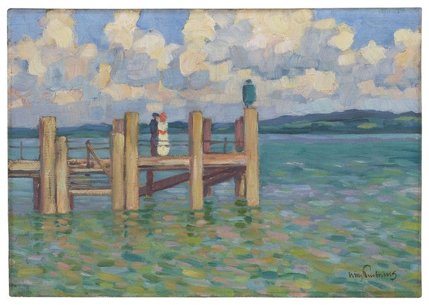 A jetty in Schondorf on Lake Ammersee. Painted by Willy Preetorius. A brown wooden jetty in a blue-green sea. Clouds can be seen in the sky.