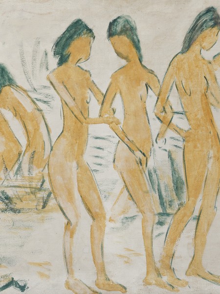 Drei unbekleidete weibliche Personen im Wasser.