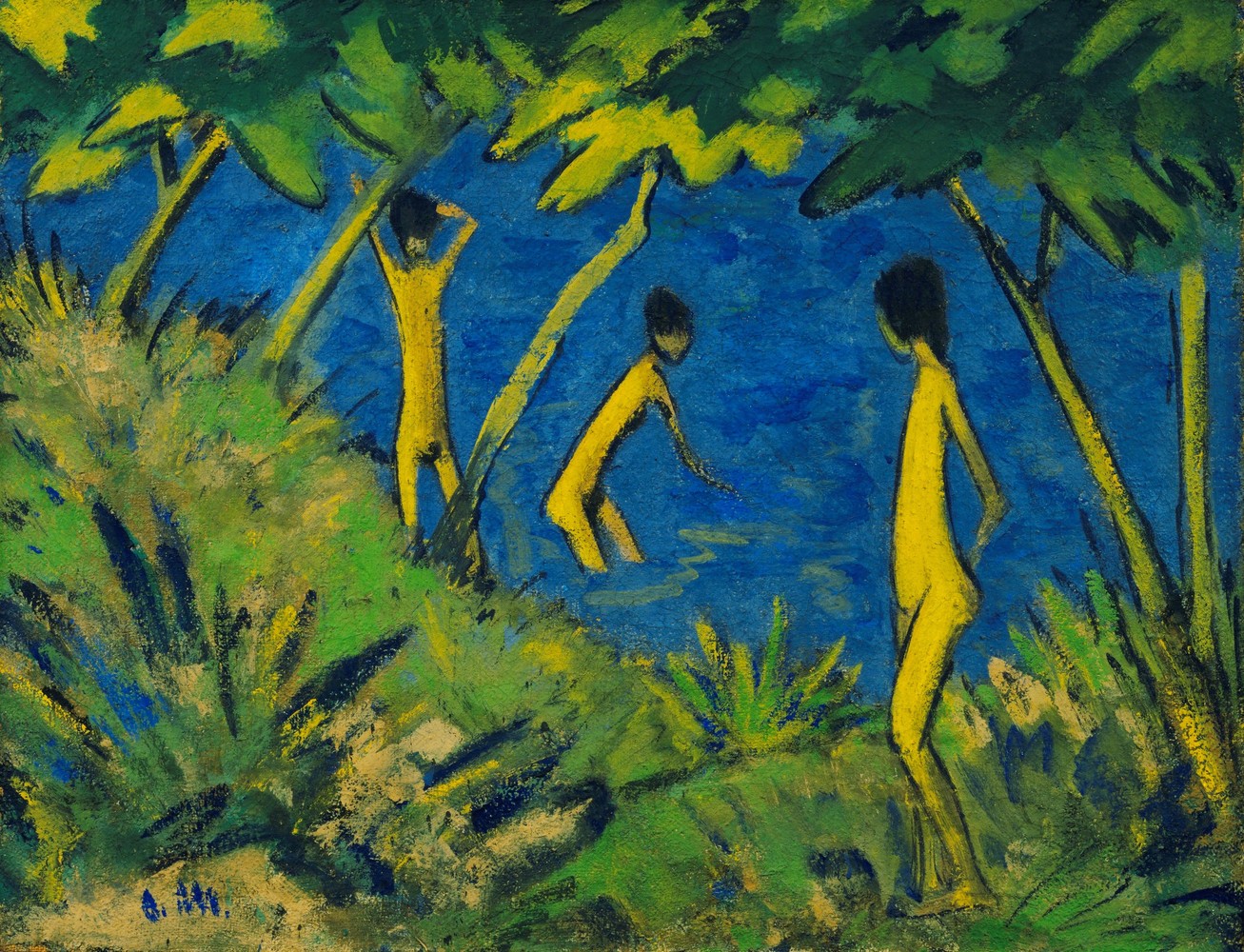 Drei Badende in blauem Wasser und auf grünem Gras.