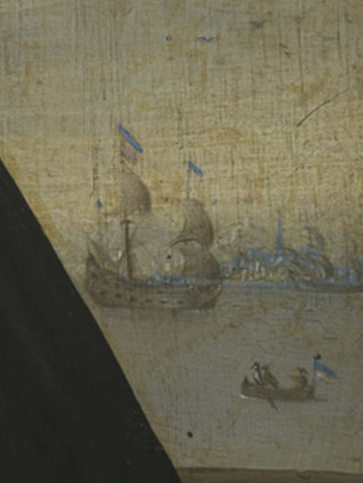 Blick in den Hintergrund, wo ein Schiff im Hafen liegt. (vergrößerte Bildansicht wird geöffnet)