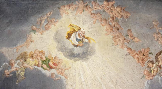 Gott sitzt auf einer Wolke, umgeben von Engeln und Putten.