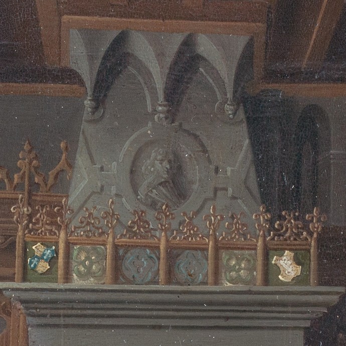 Detail zegt die Steinwappen des Brautpaares am Kamin im Hintergrund. (vergrößerte Bildansicht wird geöffnet)