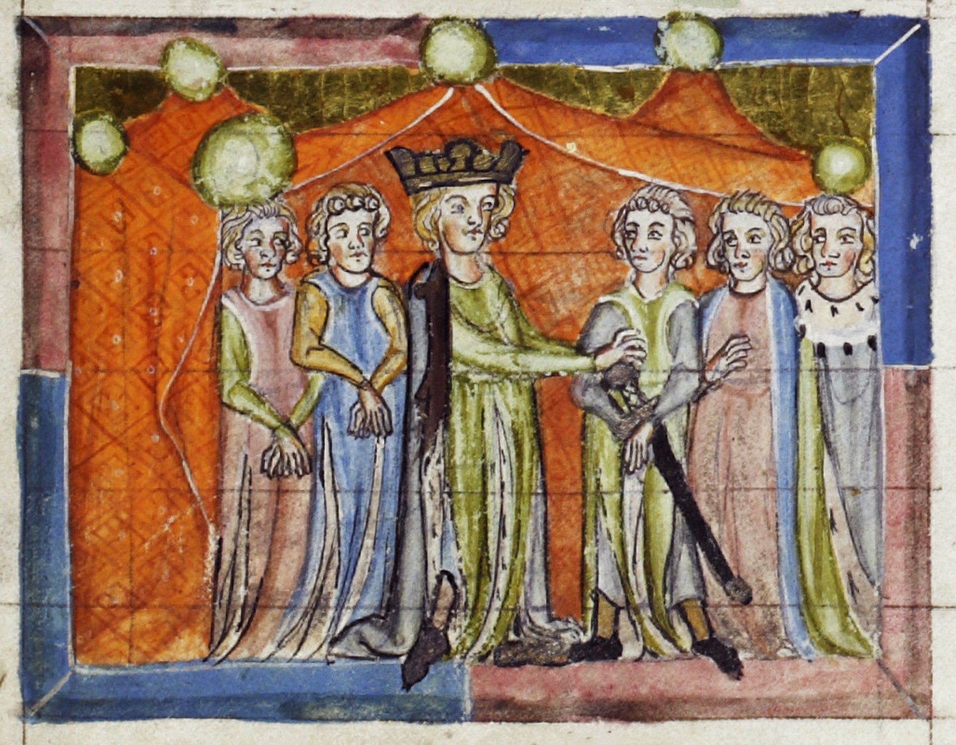 The picture shows several people. In the center you can see a man with a crown, the king Barbarossa. He carries a sword.