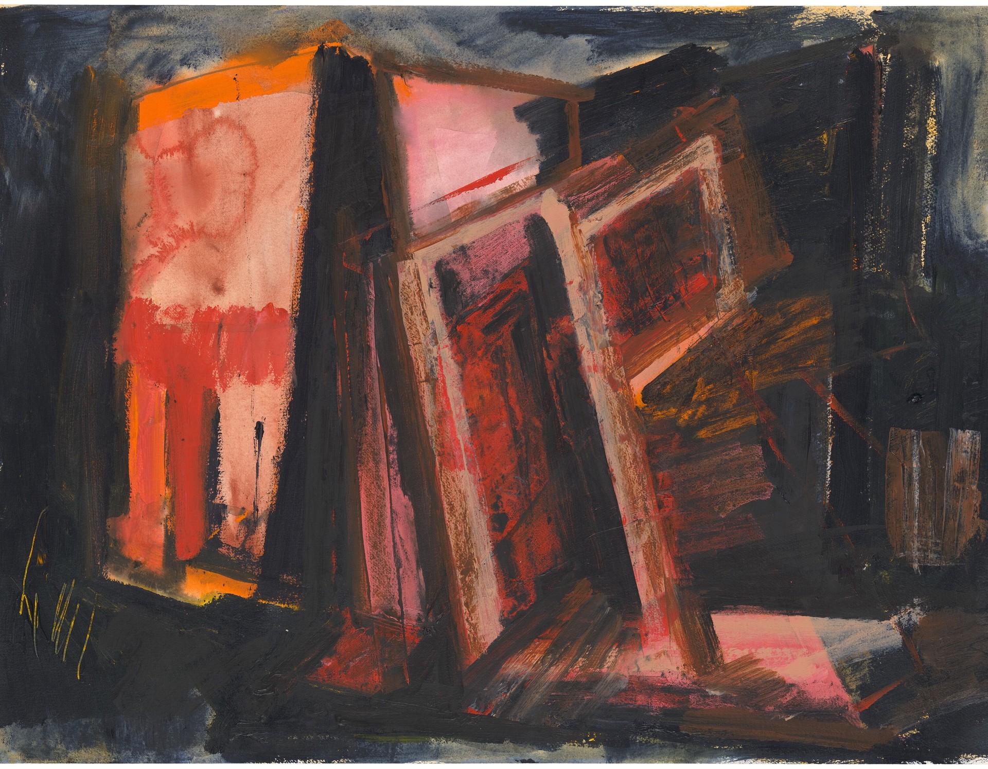 Zeichnung von Phyllida Barlow. Verschiedene Objekte und Strukturen in rot und braun Tönen. Foto: LWL/Hannah Neander.