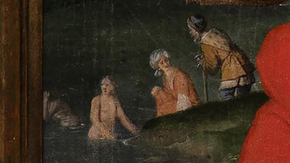 Zwei unbekleidete Personen baden, während zwei Personen ihnen am Ufer zusehen.