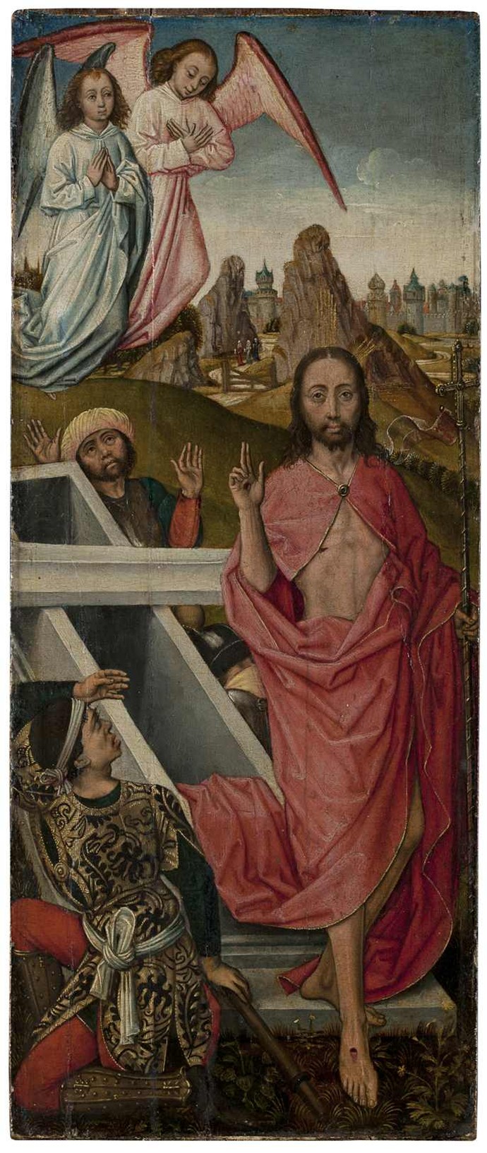 Jesus entsteigt mit erhobener Hand seinem Grab