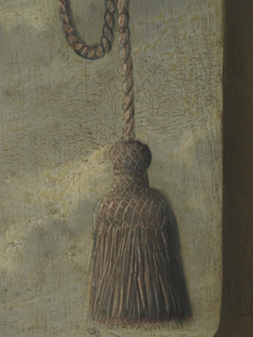 Neben dem Kopf des Porträtierten hängt eine braune Quaste mit Schnur, die zur Befestigung des Vorhangs genutzt wird. (vergrößerte Bildansicht wird geöffnet)