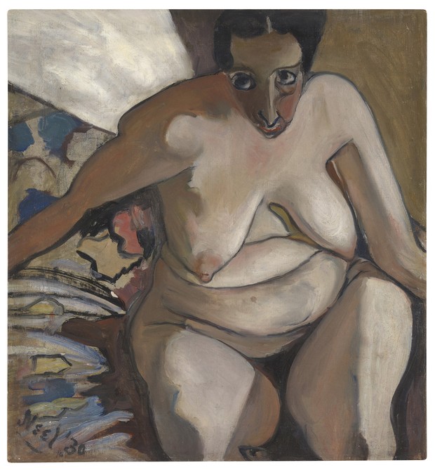 painting of a naked white woman, sitting