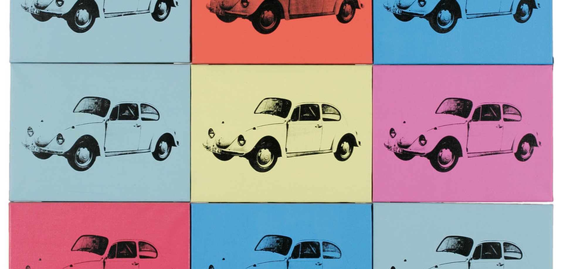 Ein alter Volkswagen ist in vielen verschiedenen farbigen Quadraten zu sehen.