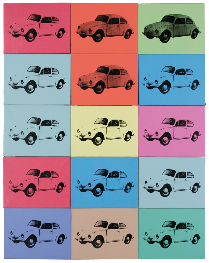 Ein alter Volkswagen ist in vielen verschiedenen farbigen Quadraten zu sehen.