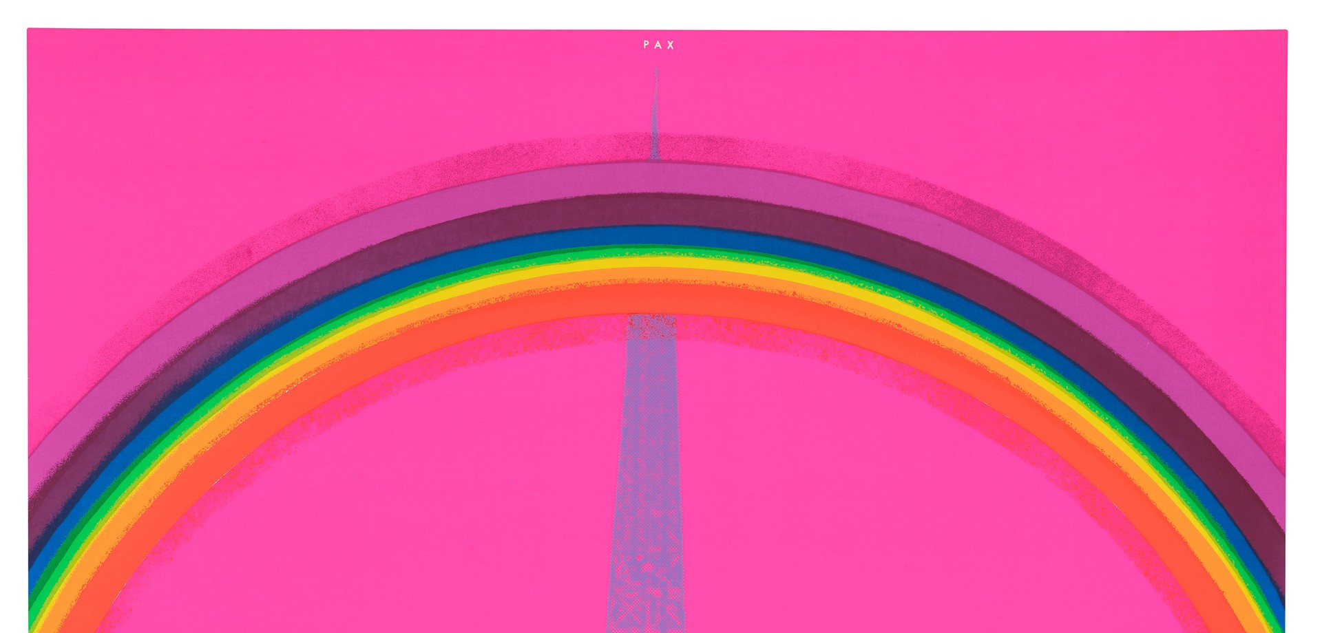 Vor einem pinken Hintergrund sieht man über dem Pariser Eiffelturm einen bunten Regenbogen.